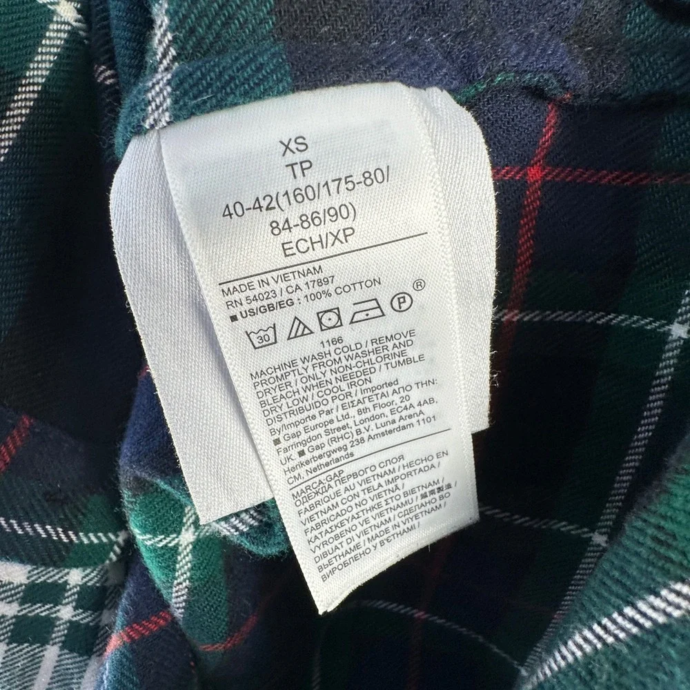 GAP Womens Multi Print Plaid Green & Blue Flannel Oversized Shirt size XS Fits L
